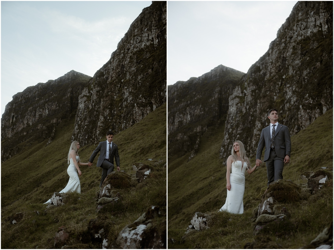 Bride and groom hiking at the Quiraing - Isle of Skye elopement photographer