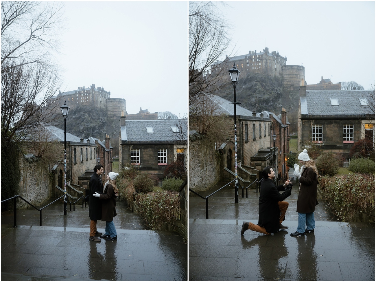 A couple standing on a cobblestone path, with the historic Edinburgh Castle perched on a hill in the background. The man is proposing, down on one knee, as the woman looks surprised and joyful, wearing a winter coat and hat