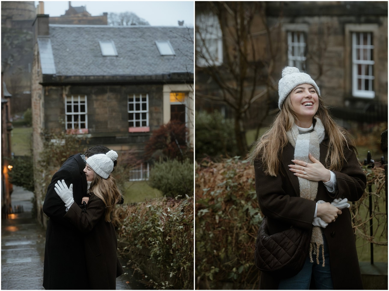 The newly engaged couple hugs tightly, with the woman beaming and holding her hand to show the sparkling engagement ring. The historic stone buildings of the Old Town create a romantic backdrop