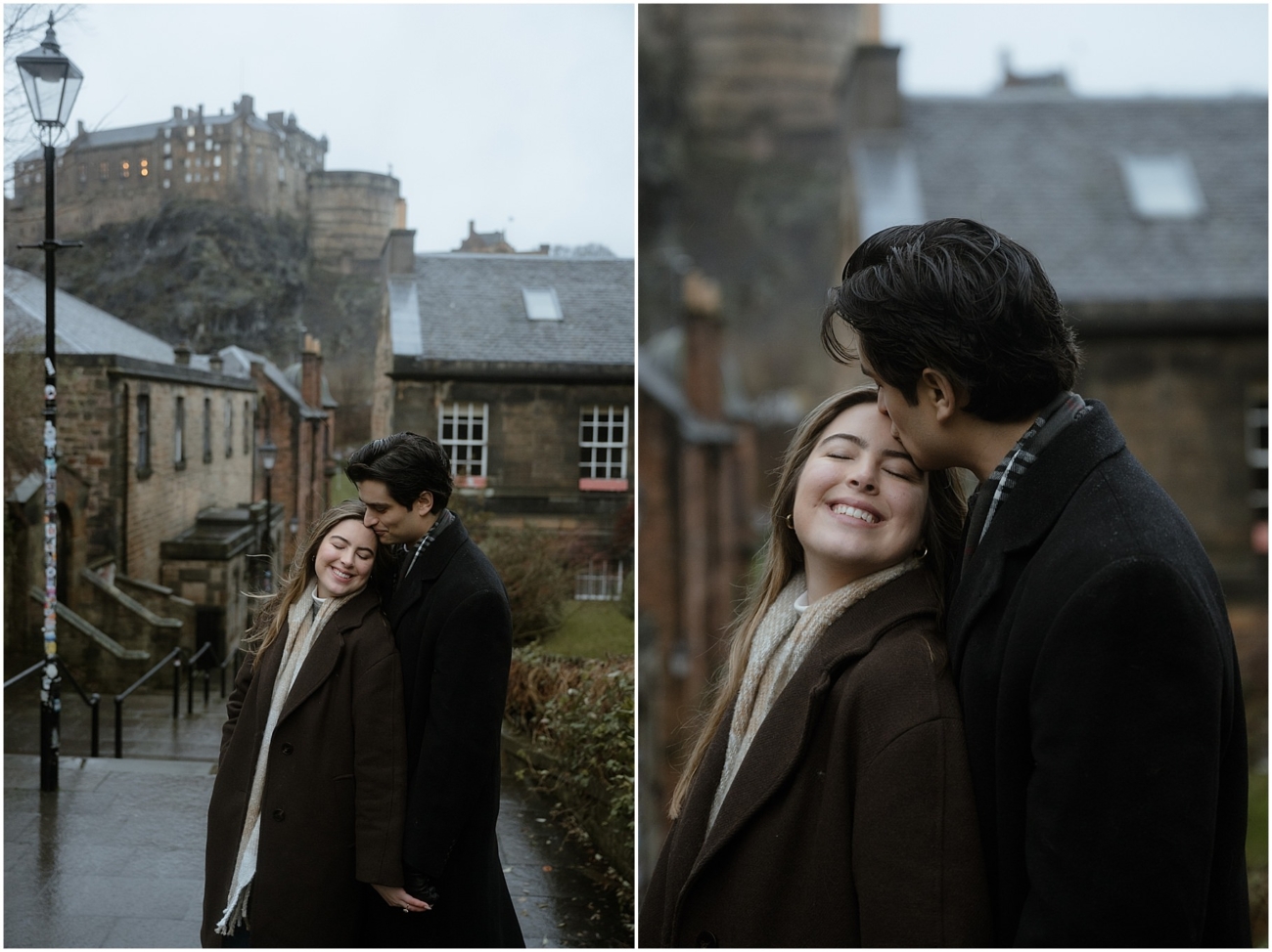 The couple shares a tender moment on the cobbled steps of the Old Town, gazing at each other with love after the successful marriage proposal