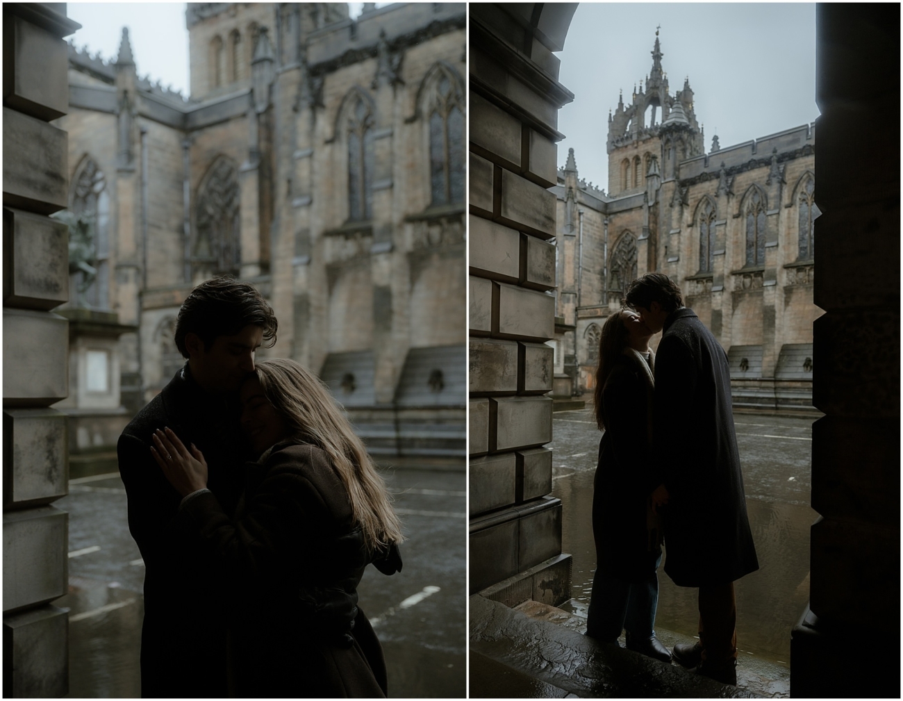 Silhouetted in a dramatic archway, the couple share a tender embrace with the backdrop of St Giles’ Cathedral