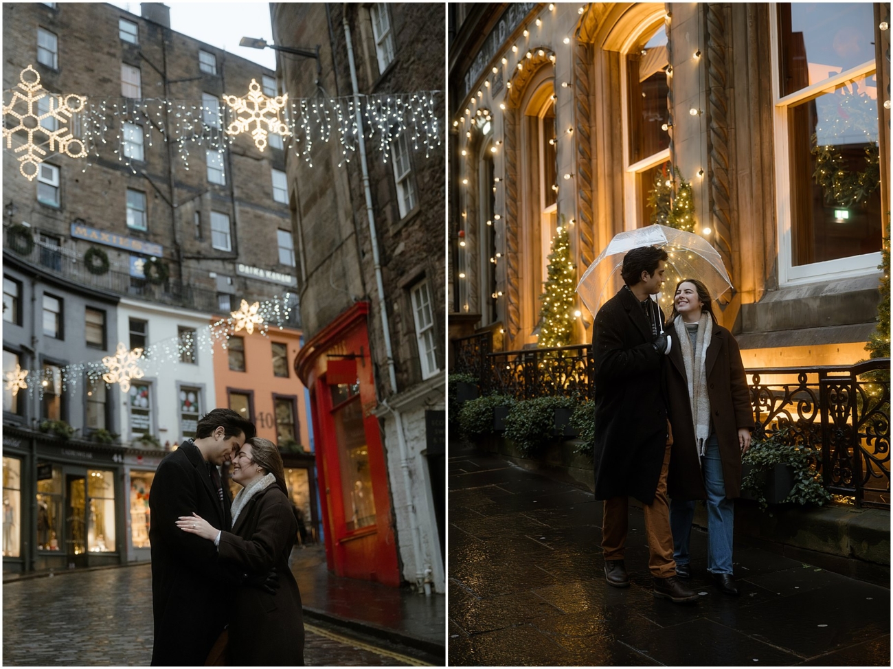 The couple stands close together under a clear umbrella, illuminated by the warm glow of lights from a historic building decorated with Christmas trees. The wet pavement reflects the golden hues, adding to the cosy winter aesthetic