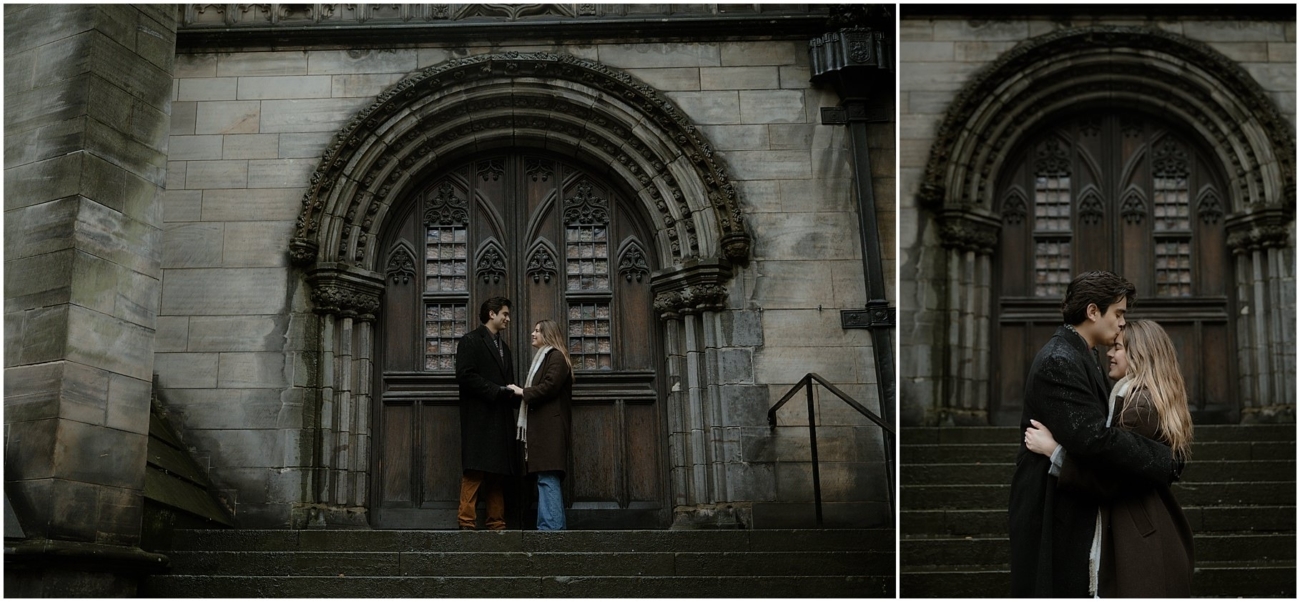 Couple sharing tender and romantic moments in front of St Giles Cathedral in the Old Town