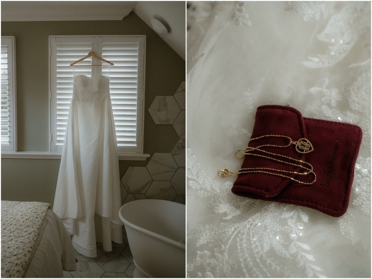 A bridal gown hanging in a softly lit room, next to a close-up of a gold necklace resting on delicate wedding lace