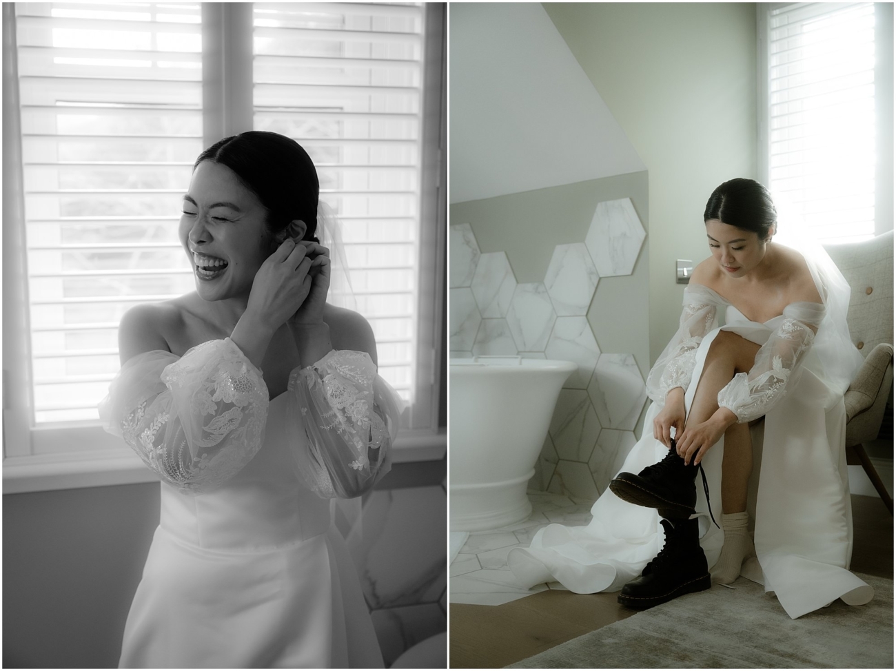 Joyful bride laughing while putting on earrings, alongside a moment of her sitting down to lace up her wedding boots