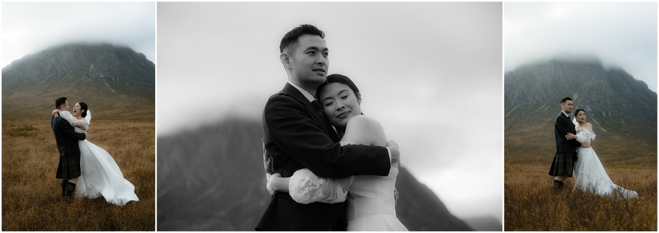 A series of images of the wedding couple embracing in the vast moorland