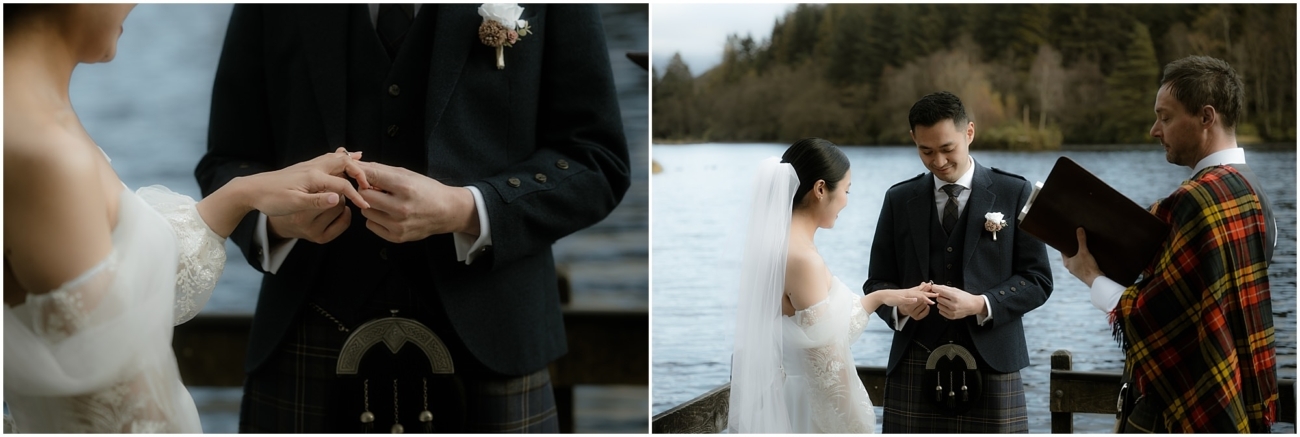 Bride and groom exchanging rings in a traditional Scottish wedding ceremony