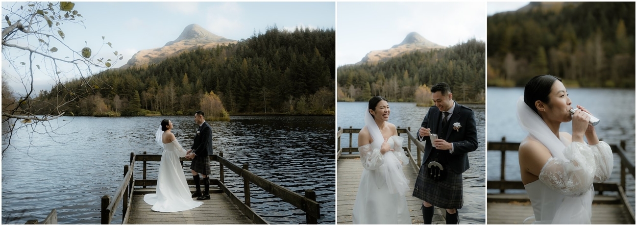 Bride and groom taking a sip from groom's whisky flask