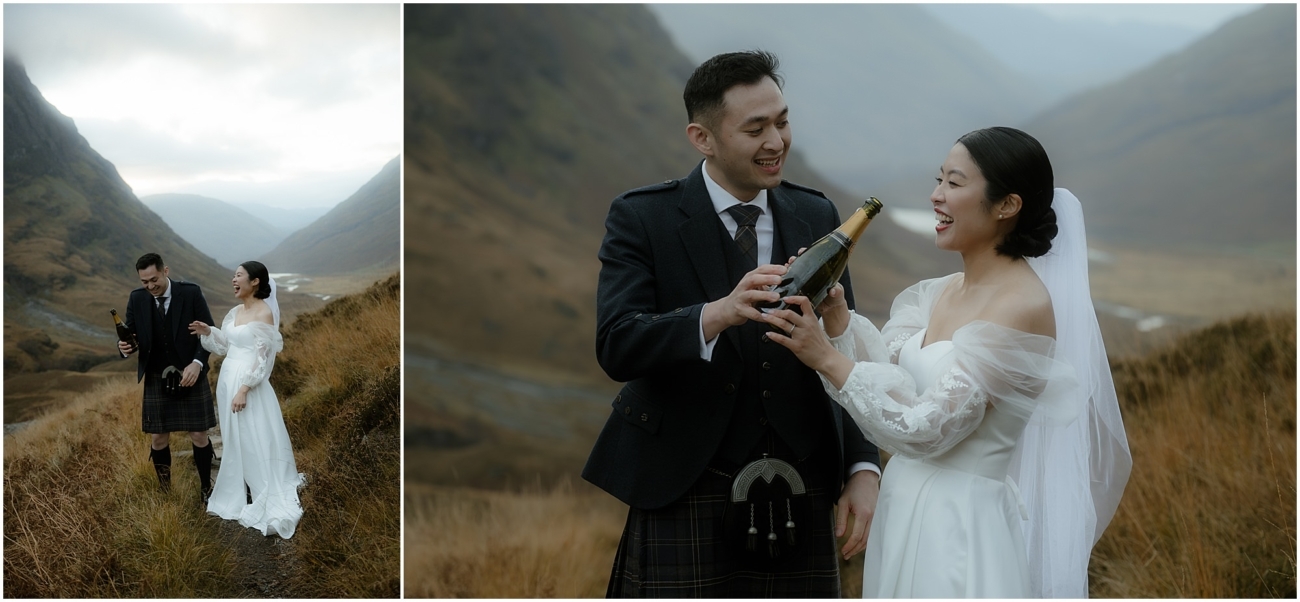 The bride and groom laughing as they share a bottle of champagne, standing in the middle of the Glencoe Valley