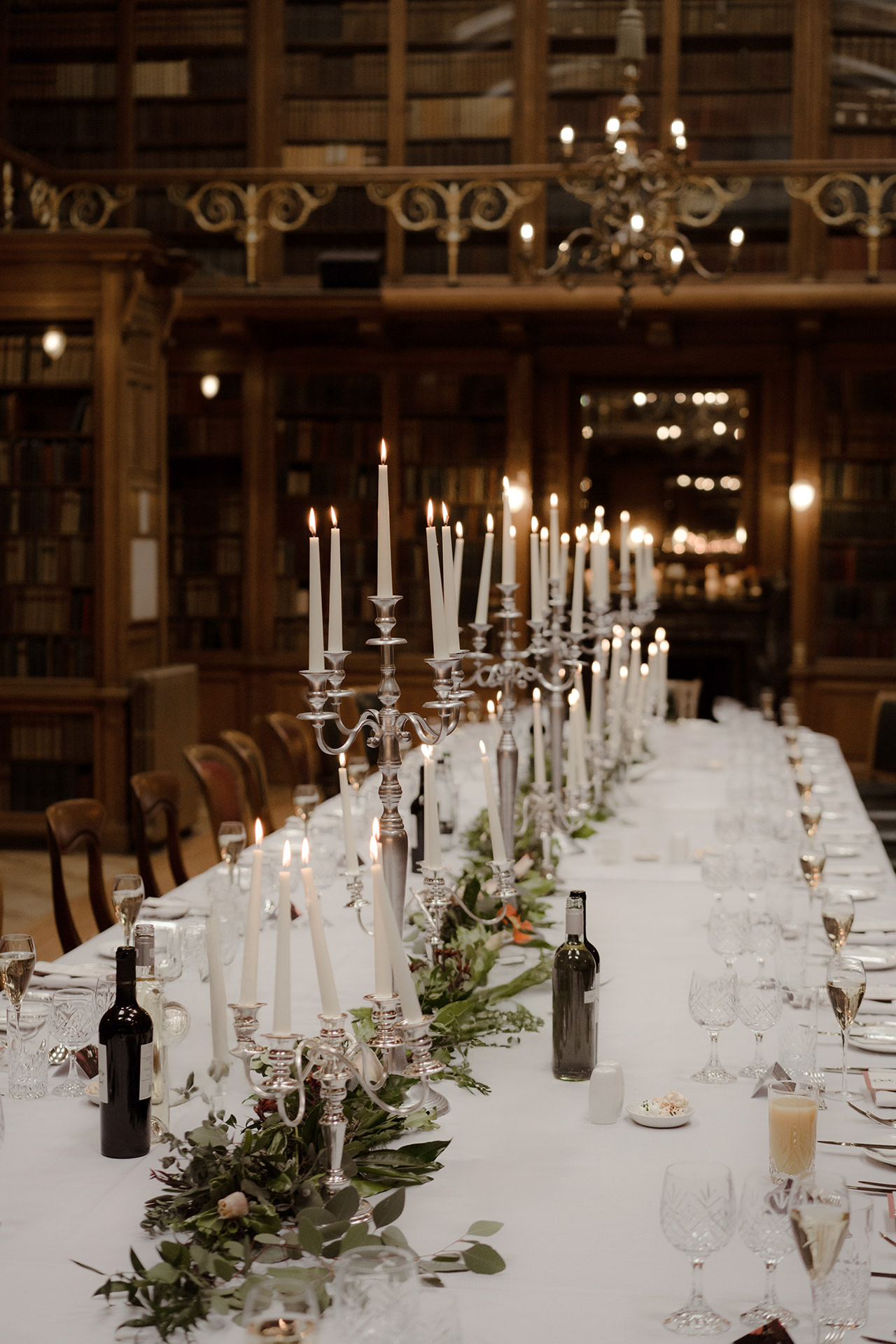 Dark academia wedding decor at Edinburgh wedding at the New Library in New Town