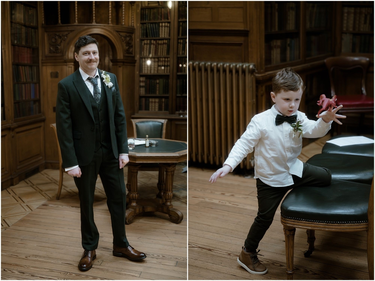 Left image: A groom stands in the New Library at the Royal College of Physicians Edinburgh, surrounded by wood-panelled walls and towering bookcases. His classic dark green suit and vintage boutonnière blend perfectly with the historical, bookish vibes of the space. An ideal groom portrait for couples planning a literary wedding in Edinburgh.
Right image: A young ring bearer in bow tie and button-down shirt strikes a playful pose with a red dinosaur toy at a library wedding in Edinburgh. This candid, quirky wedding moment in the New Library at the Royal College of Physicians adds a dose of personality to the elegant literary setting.