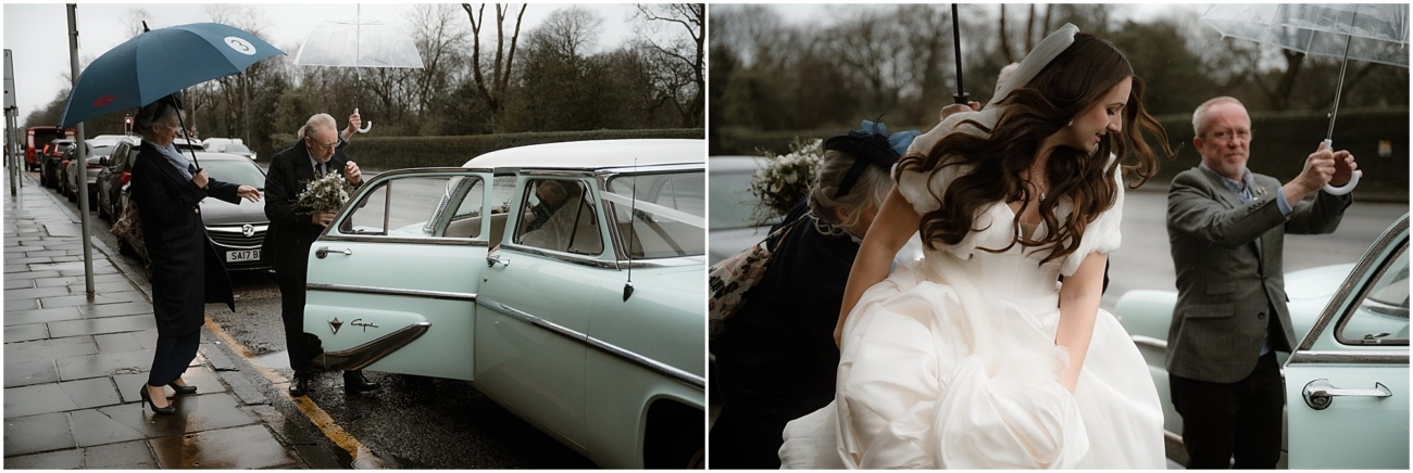Left image: Bride’s parents assisting her out of a vintage mint green car on a rainy day, with umbrellas in hand and reflections on the wet pavement.

Right image: Bride smiling as she steps out of the vintage car in her wedding dress, helped by family members holding clear umbrellas – a joyful, candid winter wedding moment.