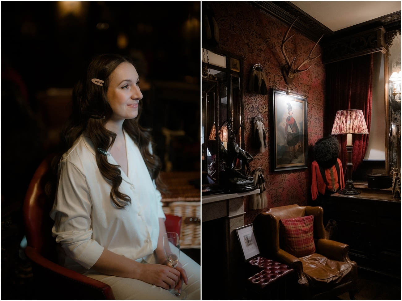 Bride having hair and makeup done in a gothic suite at The Witchery, surrounded by warm candlelight and rich decor.