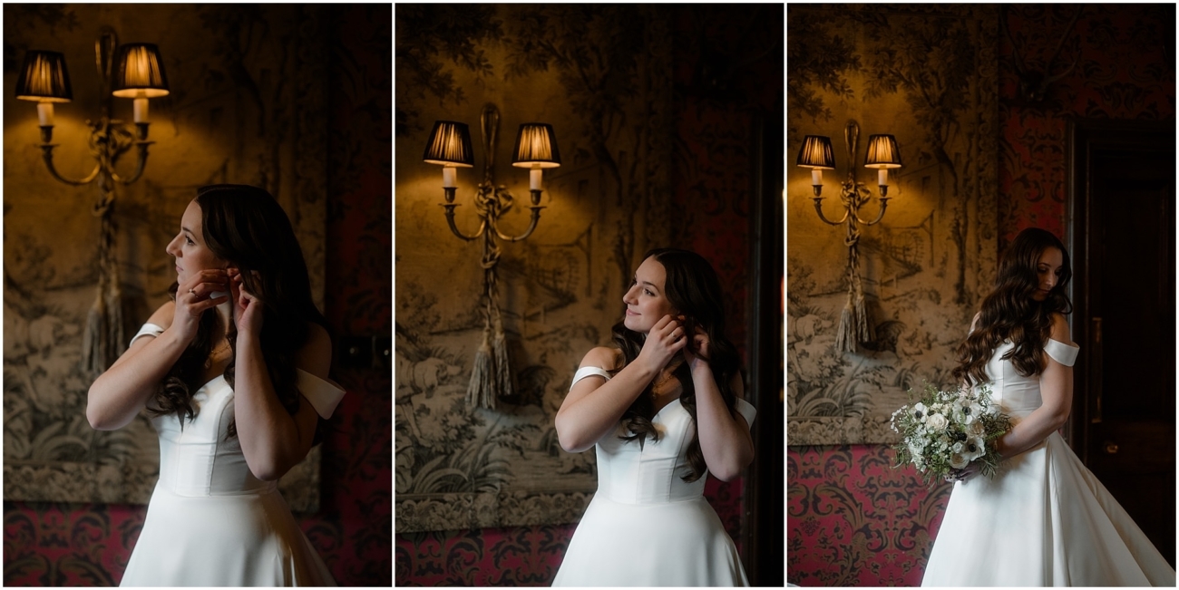 Triptych - bride adjusting pearl earrings, standing beside a vintage candelabra in a rich, baroque-style suite.