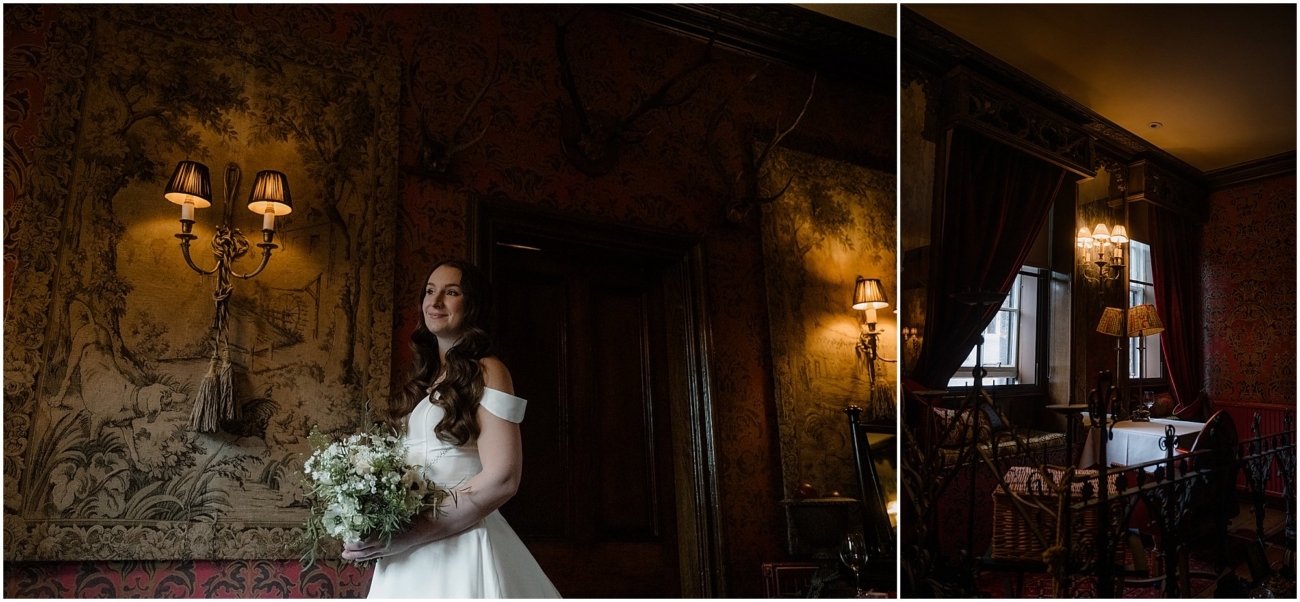 Bride standing in the centre of a richly decorated suite at The Witchery, surrounded by bold red wallpaper, candlelight, and gothic antiques.
