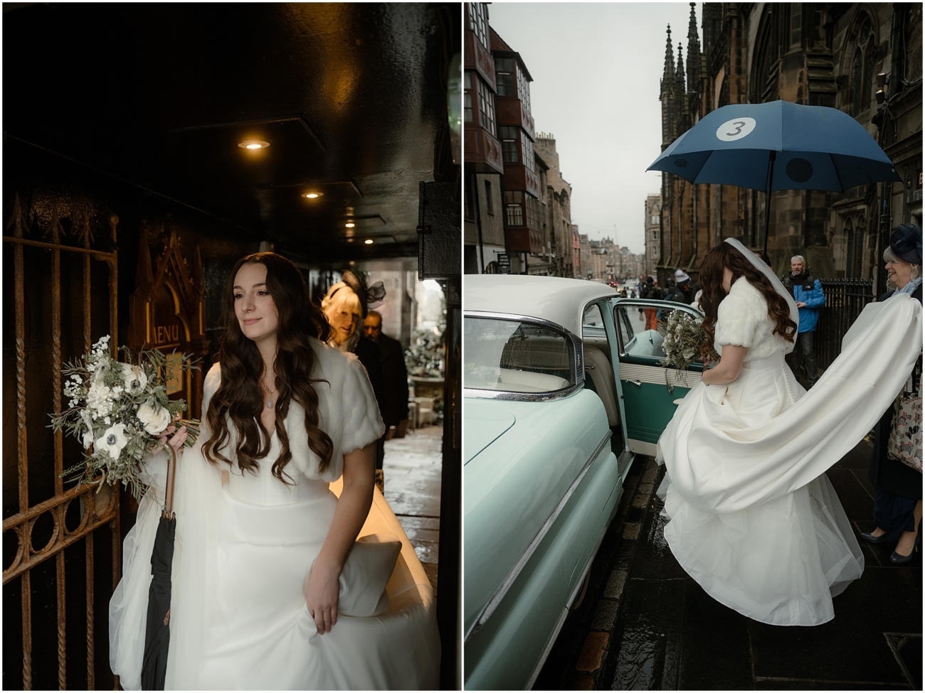 Left image: Bride walking out of The Witchery onto the Royal Mile, greeted by a vintage wedding car on a rainy Edinburgh day.

Right image: Close-up of the couple stepping into the car, with reflections of city lights in the puddles on the cobblestone street.