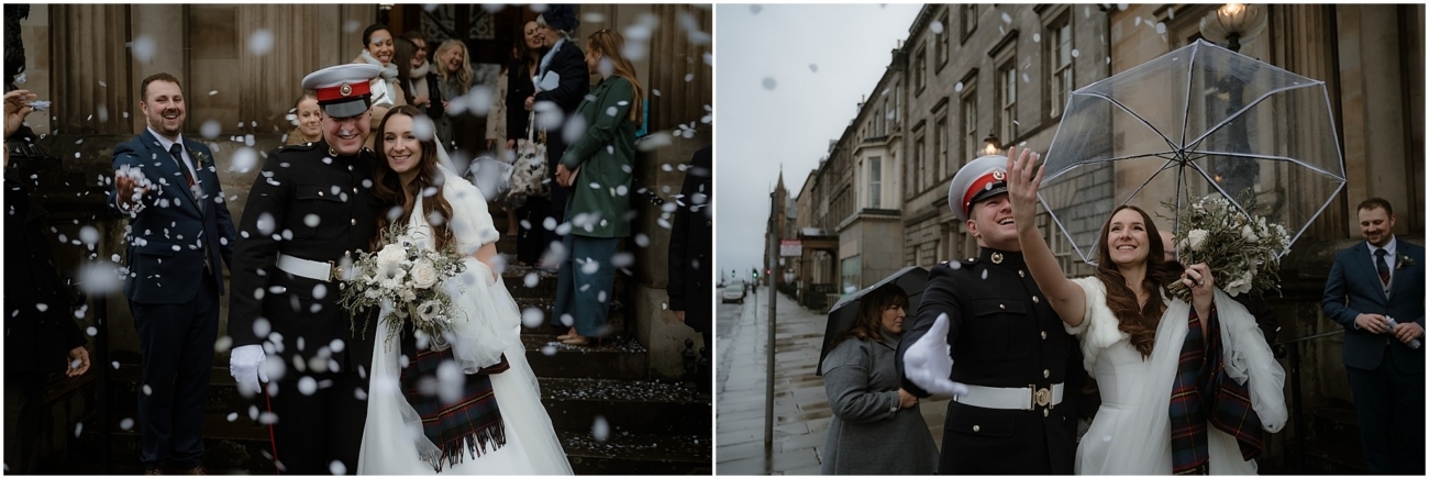 Left: Bride and groom smiling outside the Royal College of Physicians in Edinburgh as confetti flies around them, surrounded by cheering guests.

Right: Bride holding a clear umbrella and bouquet, looking up and smiling beside the groom in military dress as they embrace on a rainy winter day