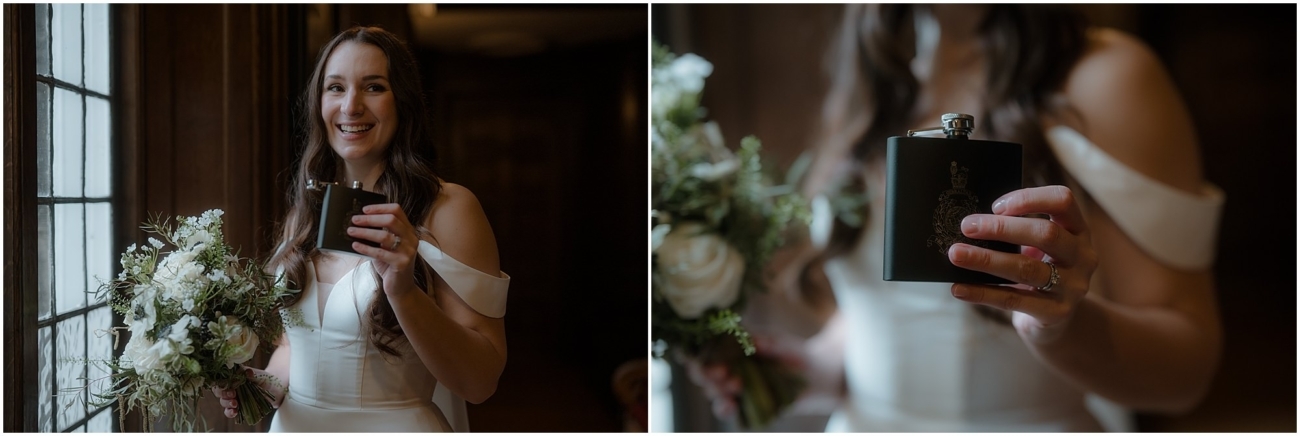 Left: Bride holding a black hip flask with military insignia, laughing beside a window with natural light falling on her white bouquet.

Right: Close-up of the bride’s hand holding the flask, bouquet and wedding ring visible in soft focus.