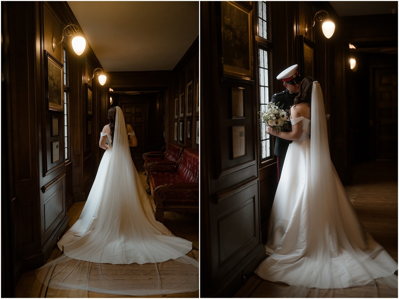 Left: Bride walking down a hallway in her flowing gown with cathedral-length veil trailing behind.

Right: Bride and groom sharing a quiet kiss by the window, her bouquet in hand, with warm lighting and wood-panelled walls.