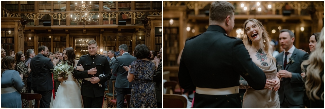 Left image: Bride and groom walking back down the aisle, smiling and surrounded by guests clapping inside the historic library wedding venue.

Right image: Guest laughing and chatting with the groom during drinks reception, holding a glass of wine in a warmly lit, book-filled setting.