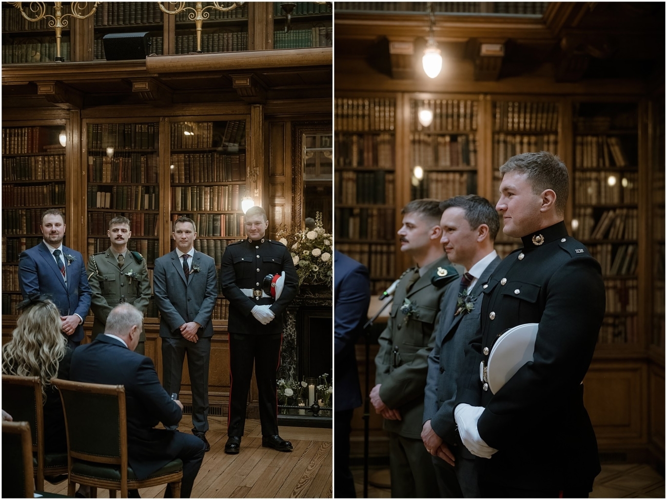 Left image: Groom and groomsmen, including uniformed military members, standing at the altar before the ceremony begins in the historic library setting.

Right image: Close-up of the groomsmen in suits and military dress uniforms, standing in front of antique bookshelves and warm lighting.