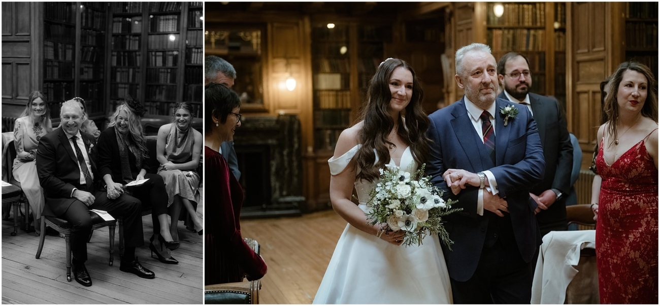 Left image (black and white): Guests laughing and smiling during the ceremony, seated in rows within the Royal College of Physicians' library.

Right image: Bride walking down the aisle with her father, holding a white and green bouquet, both smiling in a warmly lit room full of antique books.