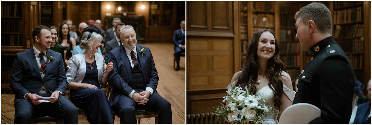 Left image: Family members smiling and seated during the ceremony, dressed in navy suits and light silks, with wooden bookshelves in the background.

Right image: Bride and groom facing each other, smiling and holding hands during the ceremony in the library's romantic candlelit setting.
