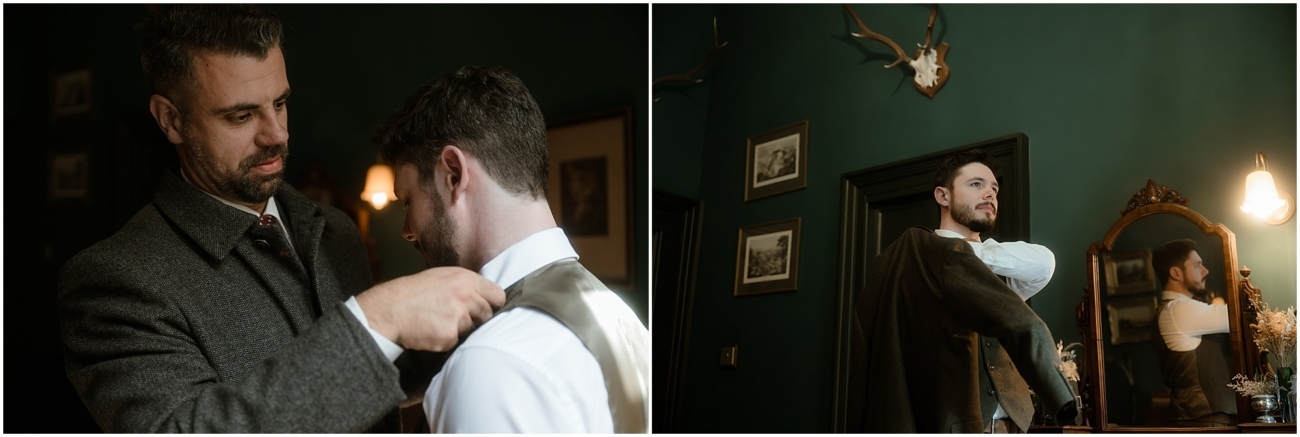 Diptych: Left image shows the groom in a Victorian flat being assisted with his waistcoat by a friend, both in tweed attire. Right image shows the groom slipping on his moss green tweed jacket, reflected in an antique mirror with vintage wall art.