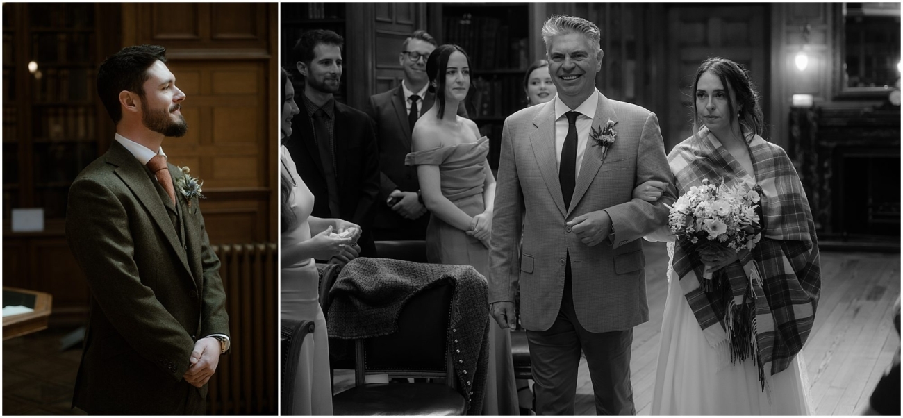 Diptych: Left side: The groom stands alone in his green tweed suit, looking to his right with a proud, joyful expression.

Right side: A black-and-white image of the bride entering the room on the arm of her father.