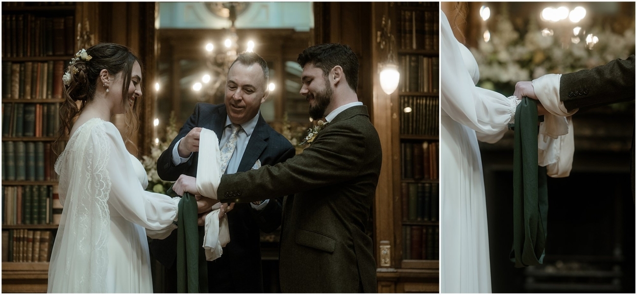 Diptych:

Left side: The couple smile as the officiant wraps their hands in white and green ribbons for the handfasting ritual.

Right side: A close-up of their hands bound with the ribbons.