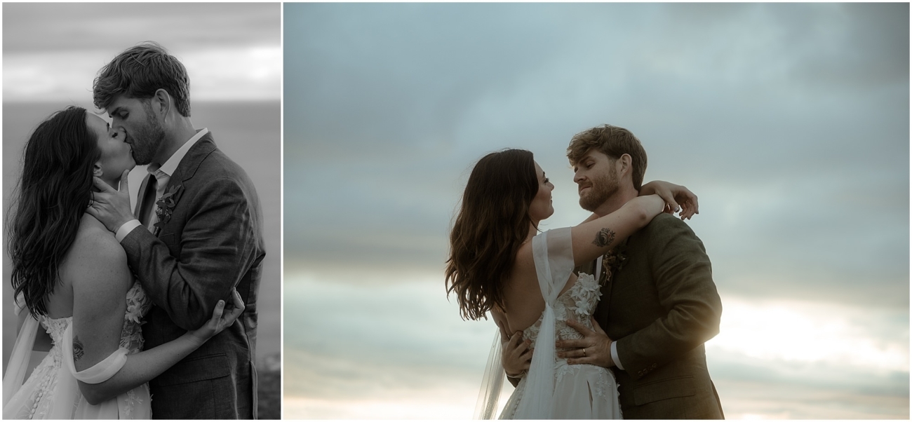 Two images: left, black-and-white kiss; right, bride and groom embracing at sunset beneath brooding Skye clouds.