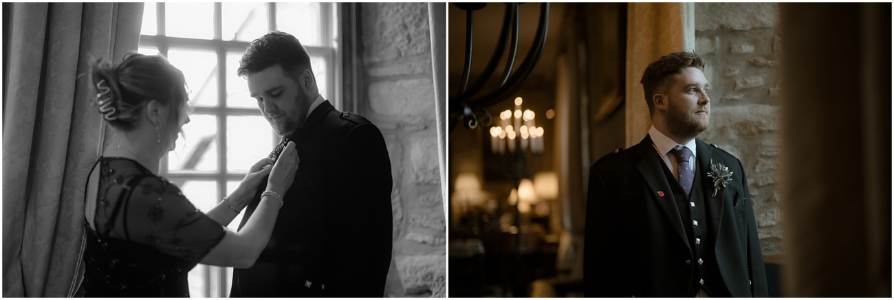 Cosy & Intimate Wedding at Ferniehirst Castle in the Scottish Borders 4 Groom getting ready inside Ferniehirst Castle before a small Scottish wedding; Relaxed portrait of the groom inside Ferniehirst Castle on a November wedding day