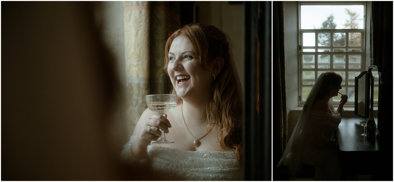 Cosy & Intimate Wedding at Ferniehirst Castle in the Scottish Borders 7 Bride laughing and applying makeup by the window during a relaxed morning at Ferniehirst Castle