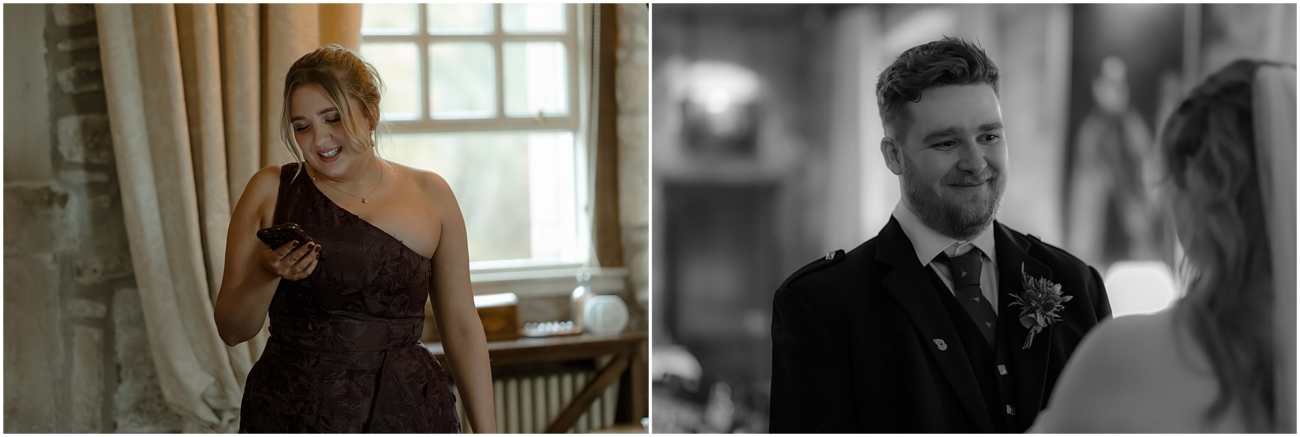 Cosy & Intimate Wedding at Ferniehirst Castle in the Scottish Borders 10 Guest reading during a small wedding ceremony at Ferniehirst Castle; Groom smiling during the wedding ceremony