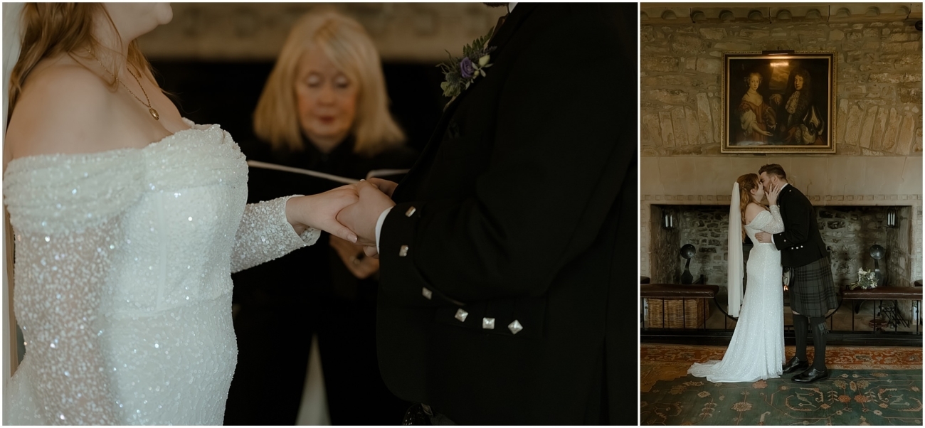 Cosy & Intimate Wedding at Ferniehirst Castle in the Scottish Borders 12 Close-up of hands during an intimate wedding ceremony; First kiss during a small wedding ceremony