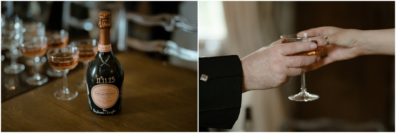 Cosy & Intimate Wedding at Ferniehirst Castle in the Scottish Borders 14 Champagne glasses and bottle during a relaxed wedding celebration at Ferniehirst Castle