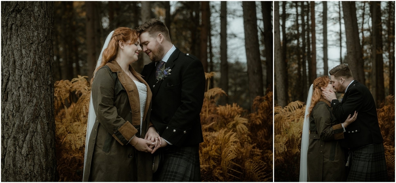 Cosy & Intimate Wedding at Ferniehirst Castle in the Scottish Borders 24 Bride and groom holding hands and sharing a kiss in the forest