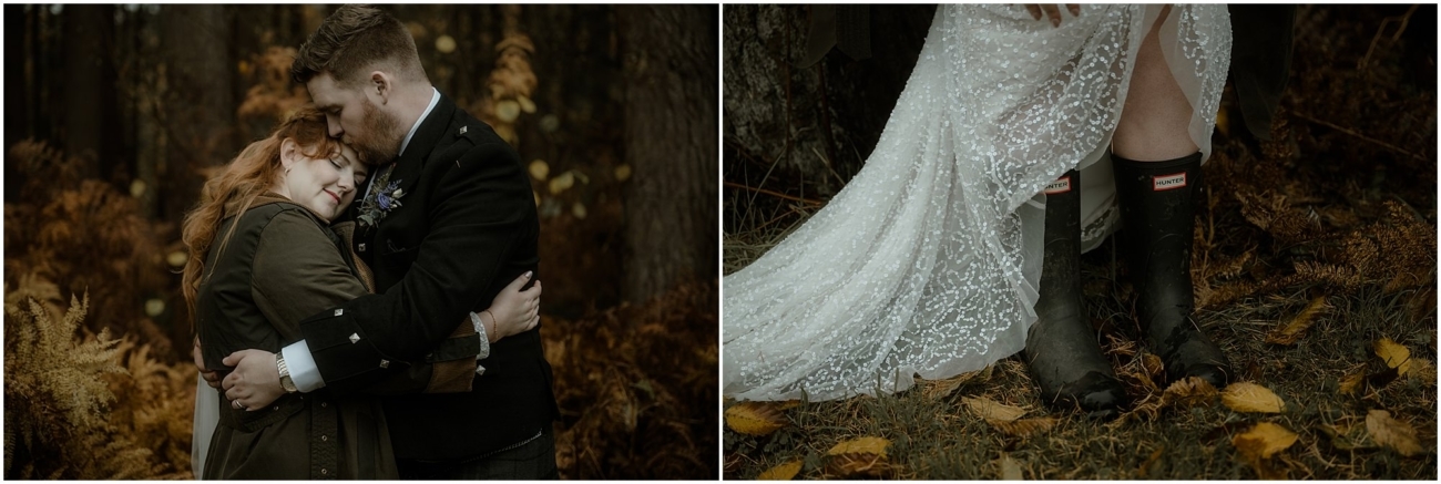 Cosy & Intimate Wedding at Ferniehirst Castle in the Scottish Borders 26 Bride and groom embracing; Close-up of wedding dress and boots during an outdoor fall wedding