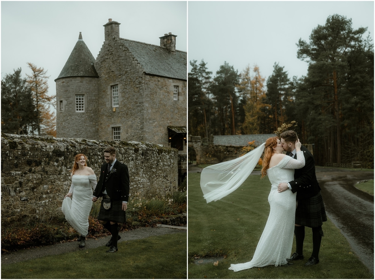 Cosy & Intimate Wedding at Ferniehirst Castle in the Scottish Borders 28 Bride and groom walking together beside the stone castle walls; newlyweds kissing with veil blowing in the wind