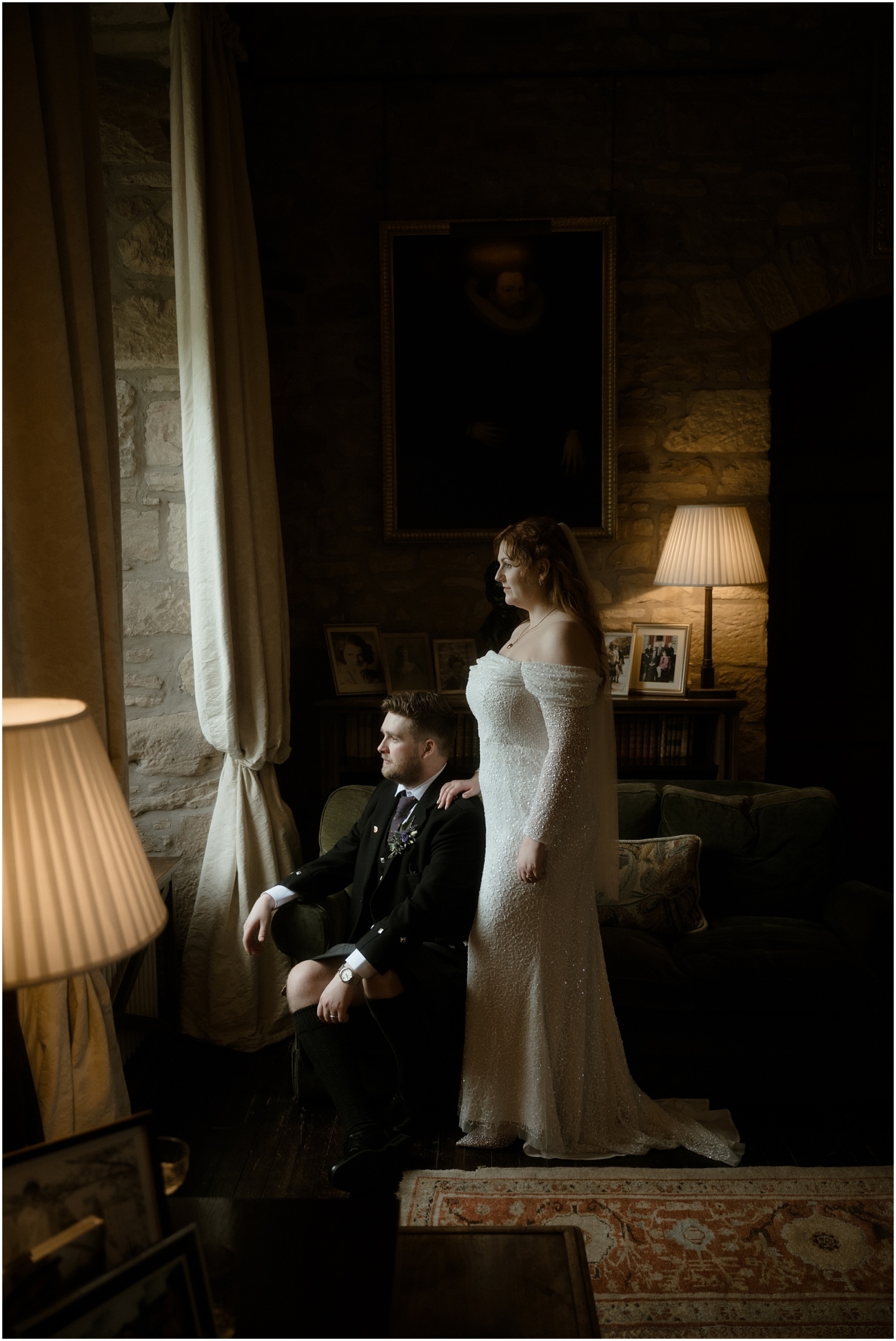 Cosy & Intimate Wedding at Ferniehirst Castle in the Scottish Borders 16 Bride and groom standing together inside Ferniehirst Castle after their ceremony
