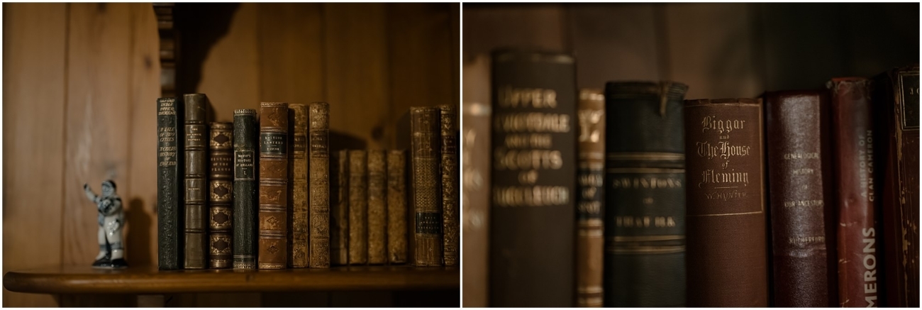 Cosy & Intimate Wedding at Ferniehirst Castle in the Scottish Borders 17 Old bookshelves inside the library at Ferniehirst Castle