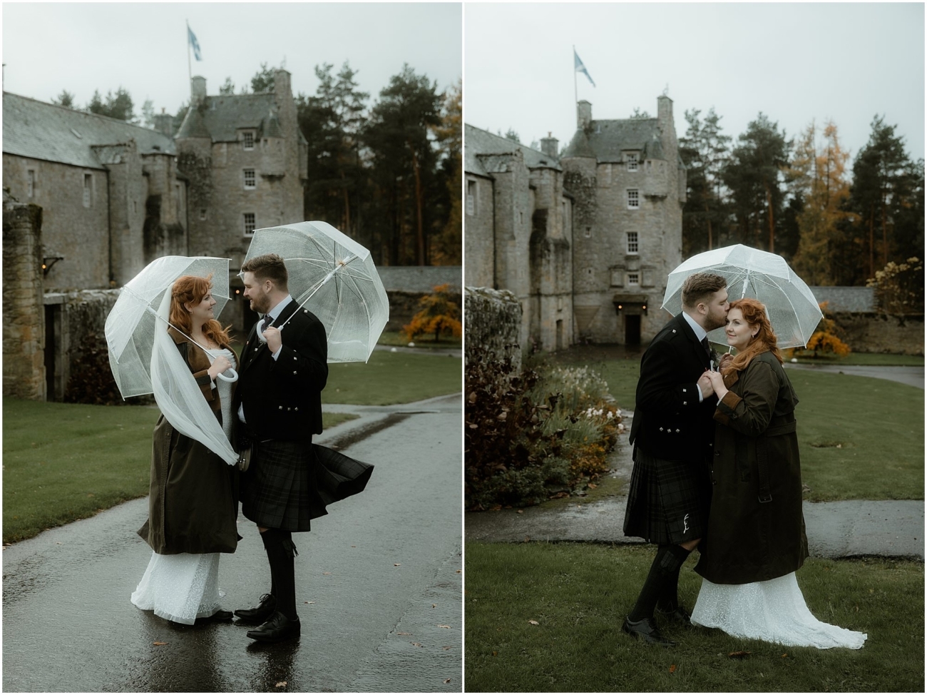 Cosy & Intimate Wedding at Ferniehirst Castle in the Scottish Borders 21 Bride and groom standing together under umbrellas in front of a Scottish castle
