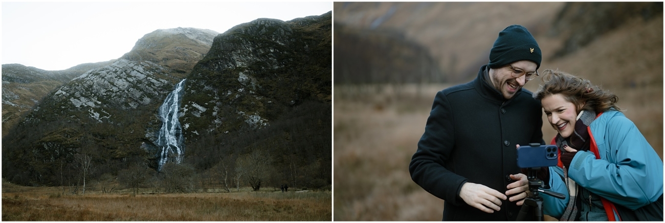 Steall Falls elopement in Glen Nevis 6 Left image: A wide view of Steall Falls spilling down the rugged cliffside, framed by steep Highland slopes;
Right image: The couple huddle together, laughing while reviewing something on a smartphone atop a tripod