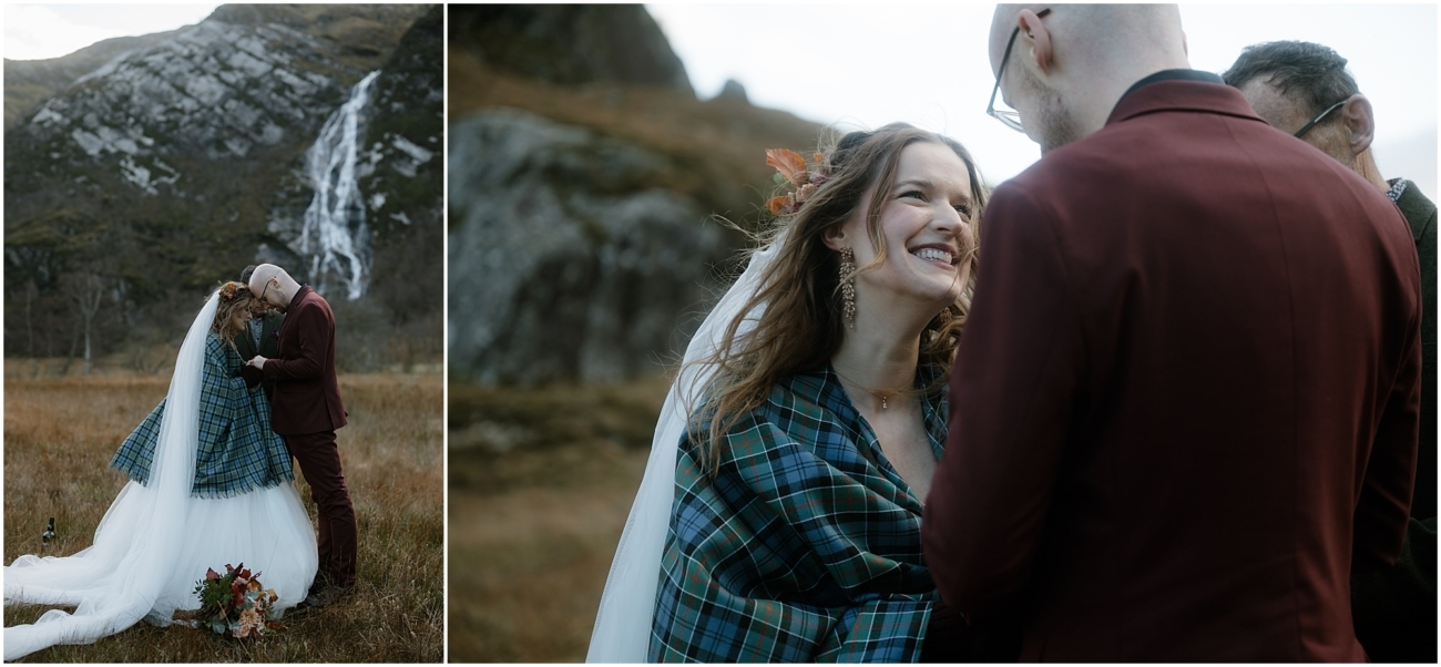 Steall Falls elopement in Glen Nevis 8 Left image: The couple bow their heads together, hands clasped as the officiant reads. Steall Falls looms behind them, a powerful symbol of nature’s presence in their vows;
Right image: A close-up captures the bride’s radiant smile as she looks at the groom