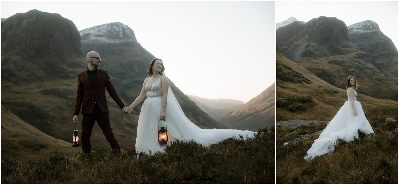 Steall Falls elopement in Glen Nevis 45 Left: The groom, holding a lantern, gazes into the distance while the bride looks at him with a soft smile. They’re framed by dramatic cliffs of the Three Sisters of Glencoe
Right Frame: A solo portrait of the bride, glowing and joyful as she stands gracefully on a mossy slope