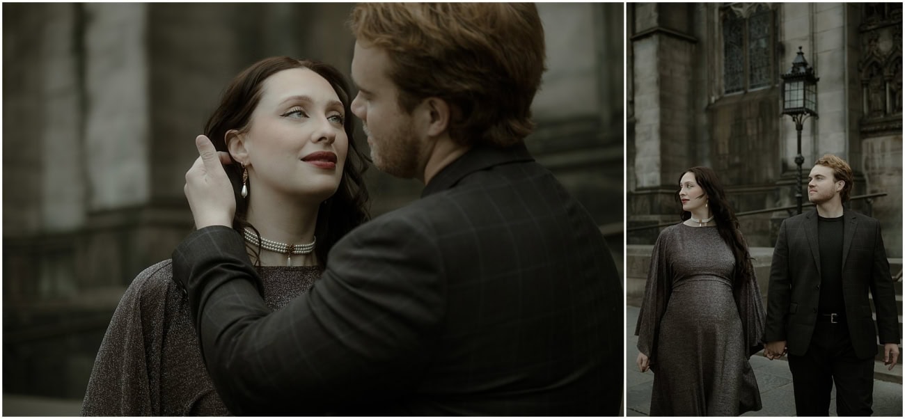 Diptych of close-up romantic moment and couple walking hand in hand outside St Giles Cathedral Edinburgh