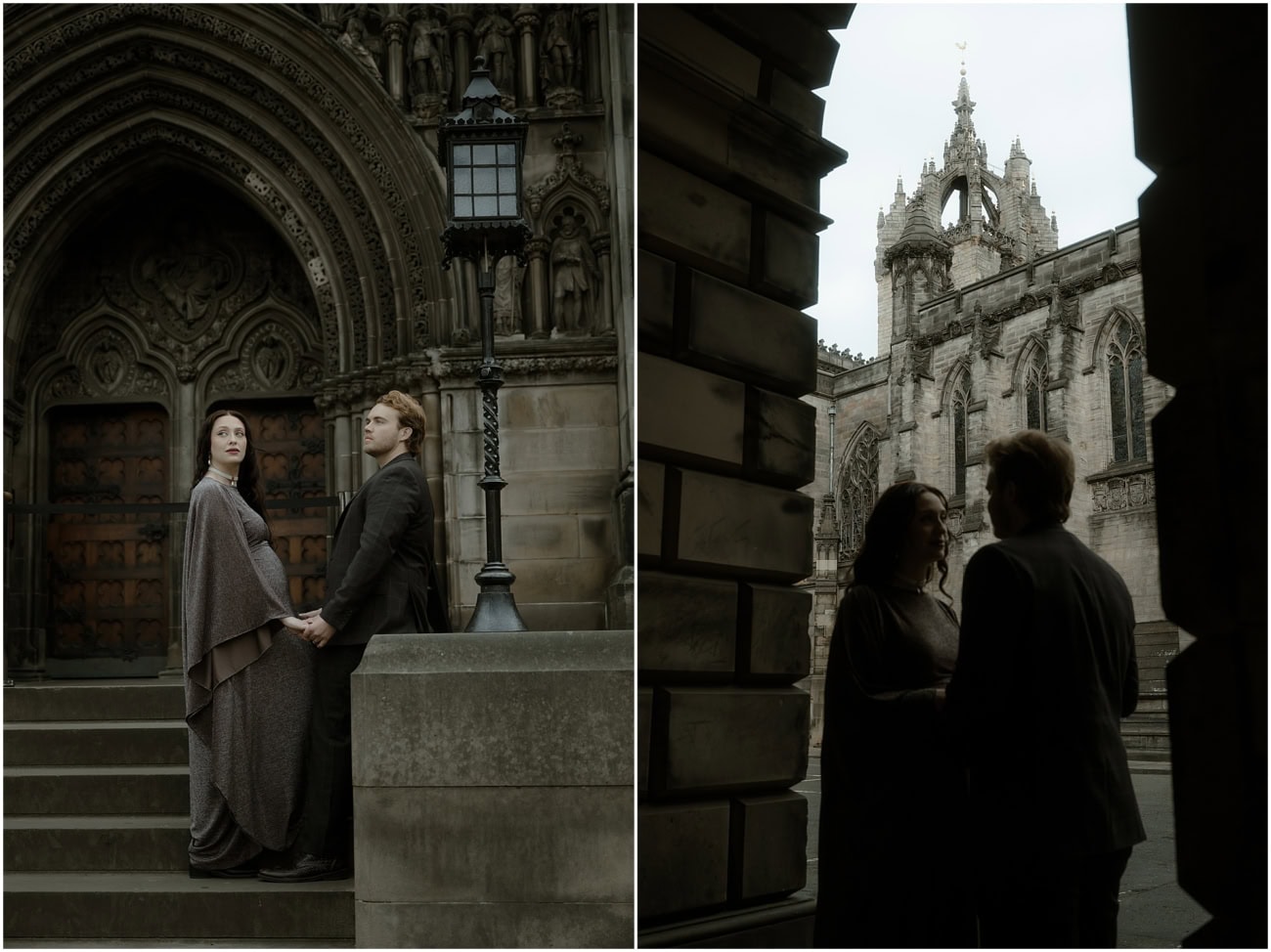 Diptych of couple standing apart by gothic lamp post and silhouette of couple with St Giles Cathedral crown spire behind them