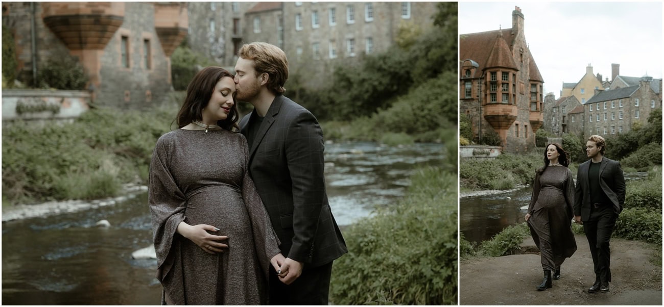 Diptych of couple kissing by the Water of Leith and walking together along the riverside path in Dean Village Edinburgh