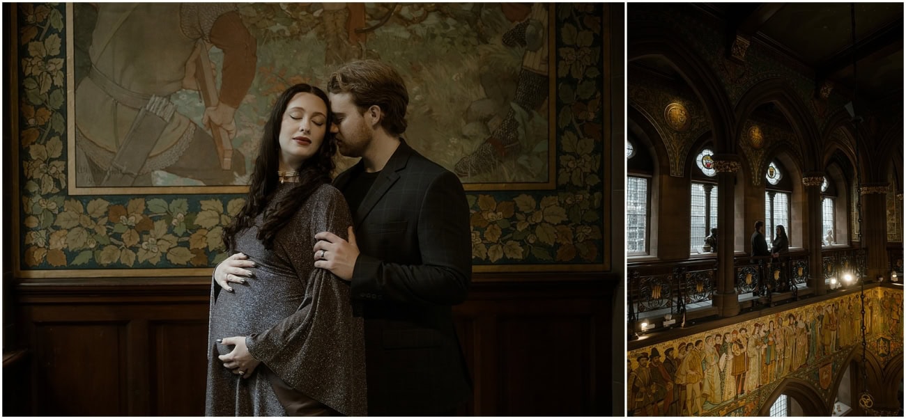 Diptych of intimate maternity portrait by historic mural and couple silhouetted on the gallery balcony of the Scottish National Portrait Gallery