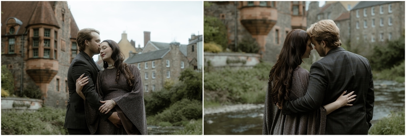 Diptych of couple kissing with Well Court behind and intimate forehead to forehead moment above the Water of Leith in Dean Village